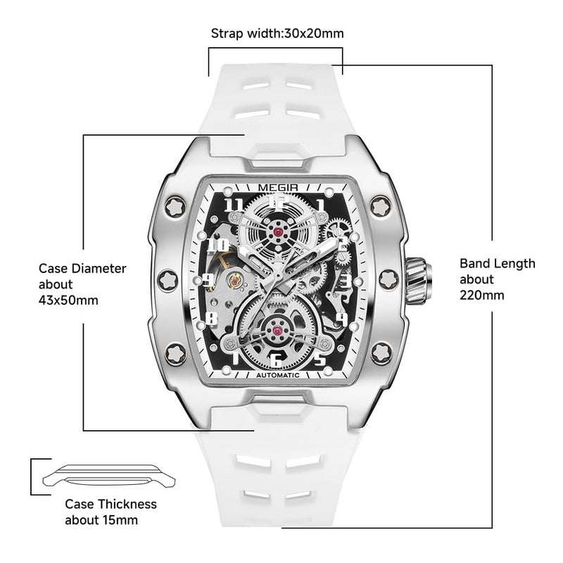 MEGIR Automatic Mechanical Men Watch, Silicone Band, 43x50mm Alloy Case, 3ATM Water Resistant, Luminous Hands, White - Image 4