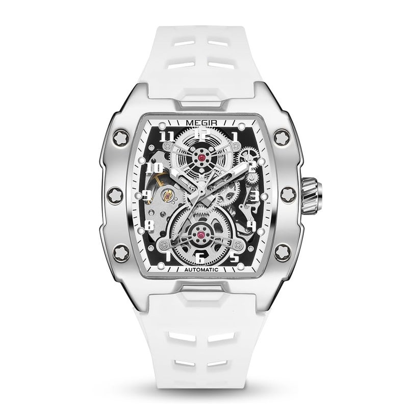 MEGIR Automatic Mechanical Men Watch, Silicone Band, 43x50mm Alloy Case, 3ATM Water Resistant, Luminous Hands, White - Image 1