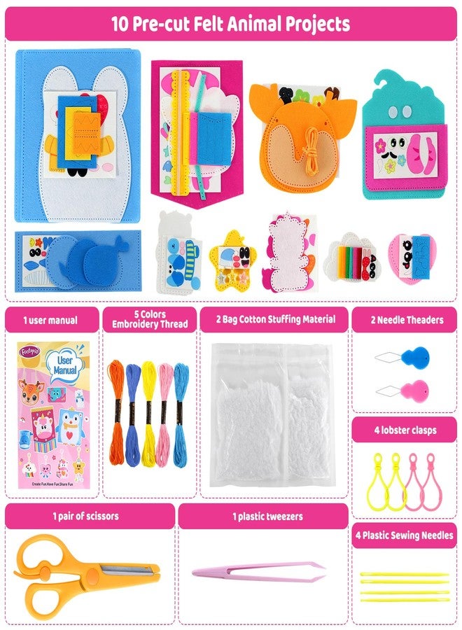 Funtopia Felt Sewing Crafts for Kids Ages 4-12, 10 Easy DIY Projects Kids Sewing Kit with Tutorial, Learn to Sew Plush Pillow Hanging Organizer Handbag, Beginner Sew Toys and Birthday Gift for Girls - Image 3