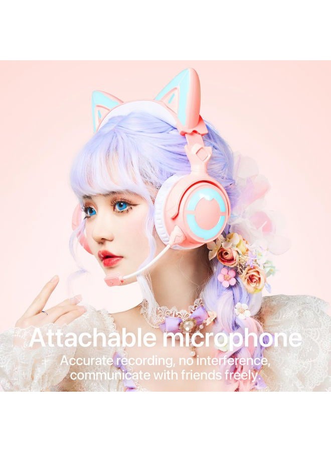 YOWU Cat Ear Headphone 4, RGB Wireless & Wired Gaming Headset with Microphone for PC/PS4/PS5/XBOX/Switch -Noise Reduction, Customizable Lighting and Effect via APP(Pink) - Image 3