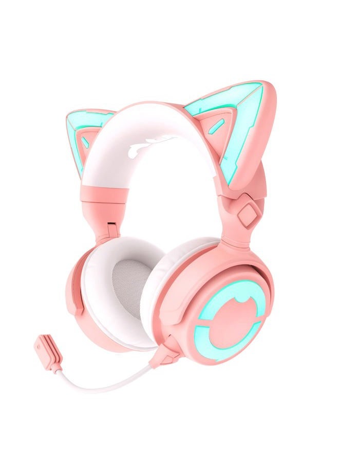 YOWU Cat Ear Headphone 4, RGB Wireless & Wired Gaming Headset with Microphone for PC/PS4/PS5/XBOX/Switch -Noise Reduction, Customizable Lighting and Effect via APP(Pink) - Image 1