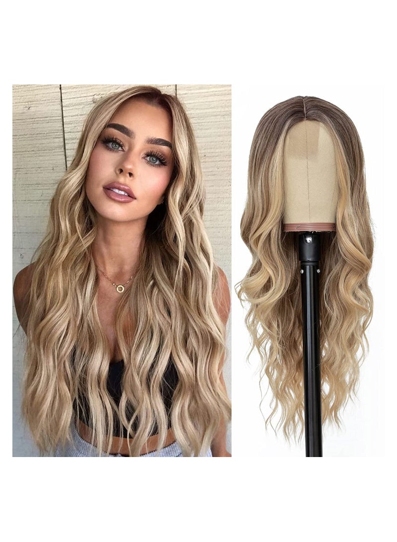 NIBEMINENT باروكة نسائية طويلة بتدرج ذهبي مموج 26" تقريبًا 66.0 سم جزء وسطي مموج طبيعي المظهر باروكة مصنوعة من ألياف صناعية مقاومة للحرارة للاستخدام اليومي في الحفلات - Image 1
