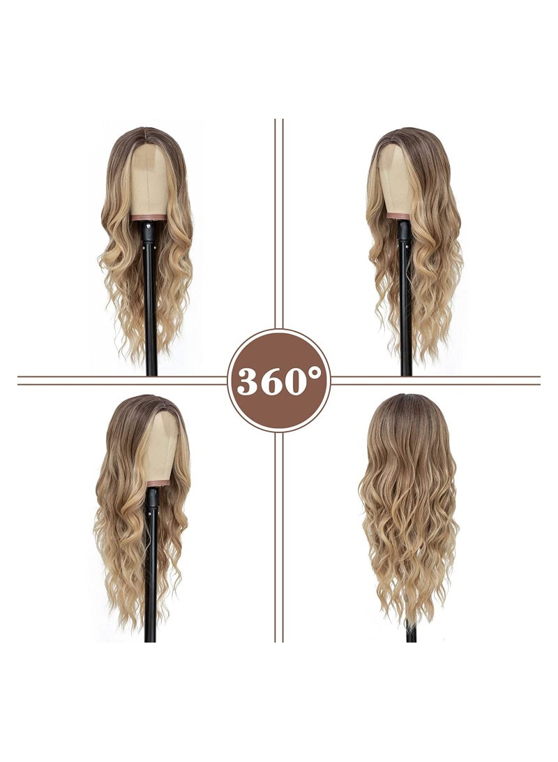 NIBEMINENT باروكة نسائية طويلة بتدرج ذهبي مموج 26" تقريبًا 66.0 سم جزء وسطي مموج طبيعي المظهر باروكة مصنوعة من ألياف صناعية مقاومة للحرارة للاستخدام اليومي في الحفلات - Image 3