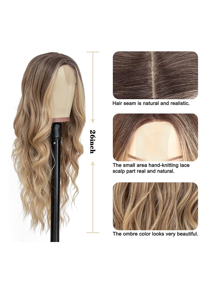 NIBEMINENT باروكة نسائية طويلة بتدرج ذهبي مموج 26" تقريبًا 66.0 سم جزء وسطي مموج طبيعي المظهر باروكة مصنوعة من ألياف صناعية مقاومة للحرارة للاستخدام اليومي في الحفلات - Image 4