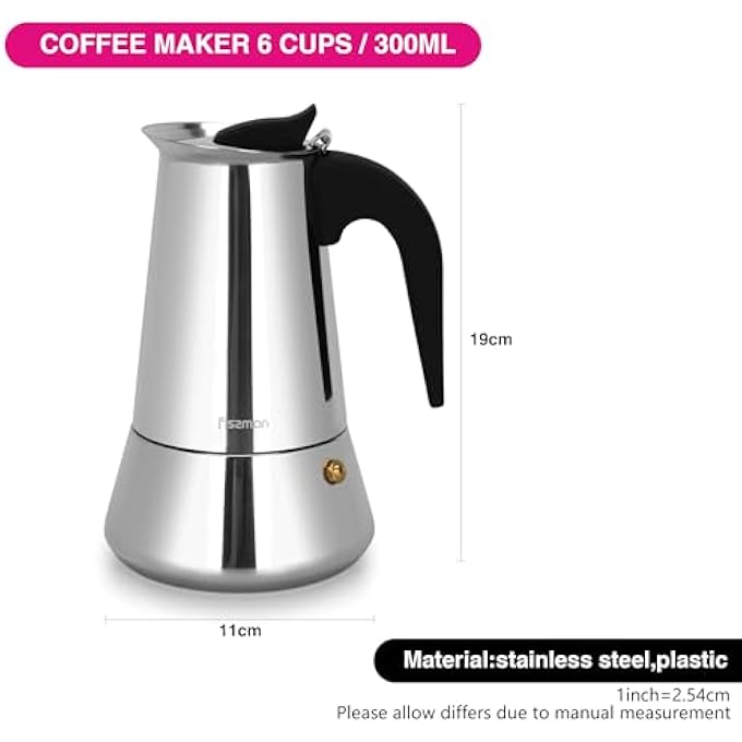 فيسمان ماكينة صنع قهوة موكا بوت سعة 300 مل، ماكينة صنع قهوة إسبريسو على الموقد لـ 6 أكواب، ماكينة صنع قهوة إسبريسو موكا على الموقد من الفولاذ المقاوم للصدأ، قاعدة حثية متوافقة مع جميع أسطح الطهي - Image 3