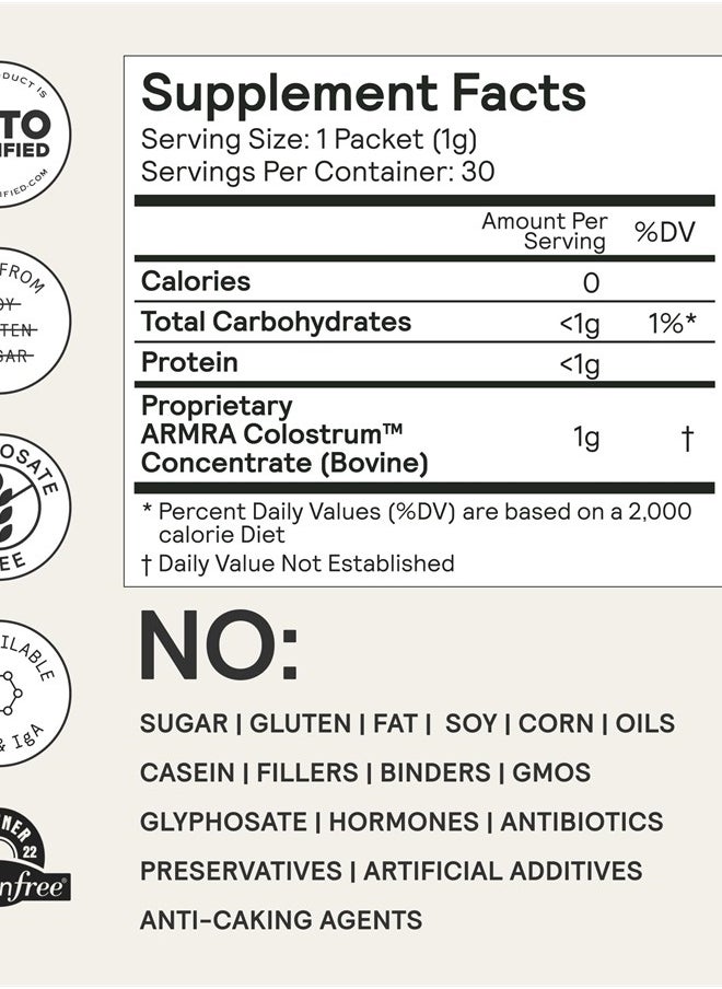 ARMRA - Colostrum™ Premium Powder, Grass Fed, Gut Health Bloating Immunity Skin & Hair, Contains 400+ Bioactive Nutrients, Potent Bioavailable, Keto, Gluten & Fat Free (Unflavored | 60 Servings) - Image 1