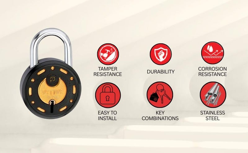 ONEPRO Azco Round Locks 65mm 9 Same Keys with 3 Padlocks | 8 Levers Double Locking | Lock and Key for Home Door Shop Gate Office Locker, Black Gold Finish (Pack of 3) - Image 4