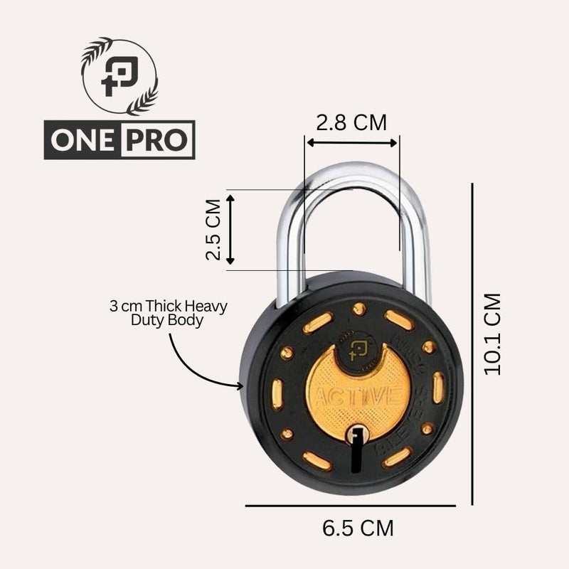 ONEPRO Azco Round Locks 65mm 9 Same Keys with 3 Padlocks | 8 Levers Double Locking | Lock and Key for Home Door Shop Gate Office Locker, Black Gold Finish (Pack of 3) - Image 2