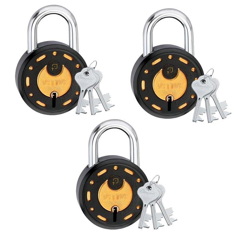 ONEPRO Azco Round Locks 65mm 9 Same Keys with 3 Padlocks | 8 Levers Double Locking | Lock and Key for Home Door Shop Gate Office Locker, Black Gold Finish (Pack of 3) - Image 1