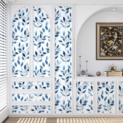 VOLEAAR Boho Floral Peel and Stick Wallpaper – Blue Leaf Design Modern Self-Adhesive Vinyl Contact Paper for Drawer Cabinet Door Bedroom Bathroom Walls Wall Decor in Blue and White 17.5" x 118" - Image 3