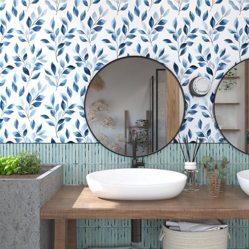 VOLEAAR Boho Floral Peel and Stick Wallpaper – Blue Leaf Design Modern Self-Adhesive Vinyl Contact Paper for Drawer Cabinet Door Bedroom Bathroom Walls Wall Decor in Blue and White 17.5" x 118" - Image 5