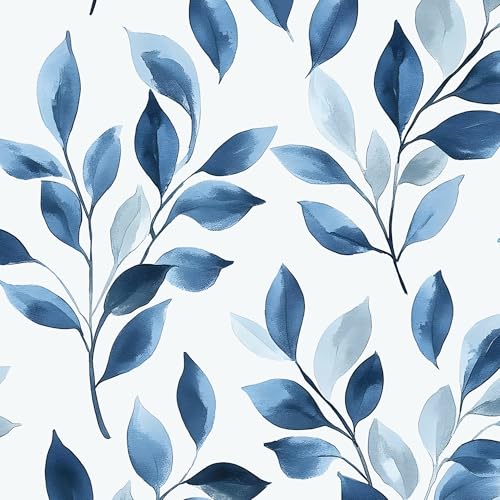 VOLEAAR Boho Floral Peel and Stick Wallpaper – Blue Leaf Design Modern Self-Adhesive Vinyl Contact Paper for Drawer Cabinet Door Bedroom Bathroom Walls Wall Decor in Blue and White 17.5" x 118" - Image 1
