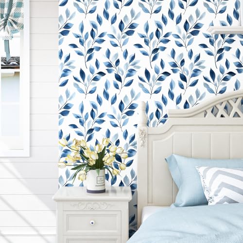 VOLEAAR Boho Floral Peel and Stick Wallpaper – Blue Leaf Design Modern Self-Adhesive Vinyl Contact Paper for Drawer Cabinet Door Bedroom Bathroom Walls Wall Decor in Blue and White 17.5" x 118" - Image 4