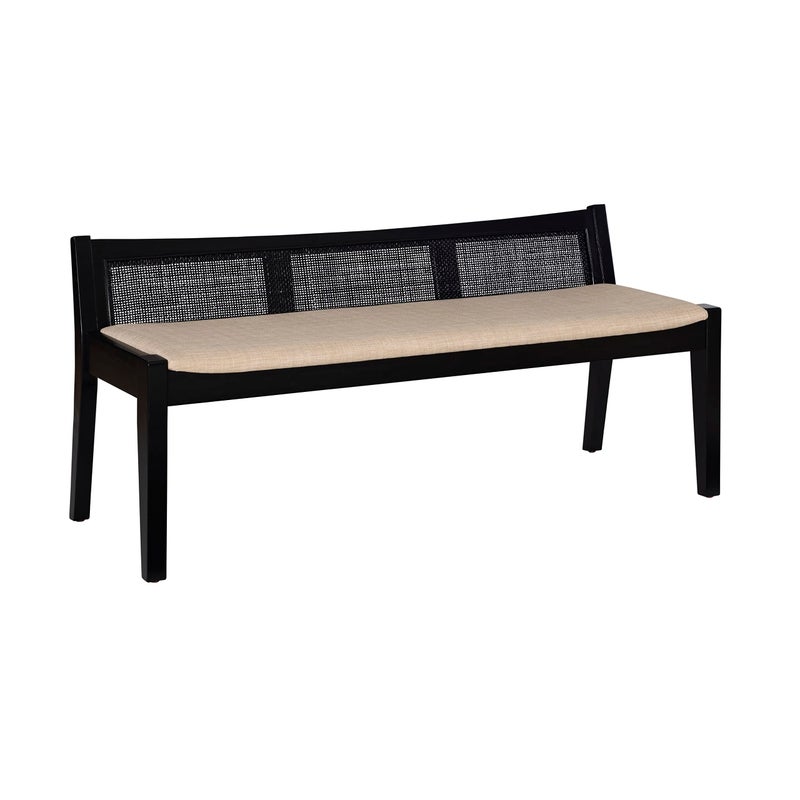 Powell Kasi Black Low Back Cane Bench with Beige Upholstered Seat