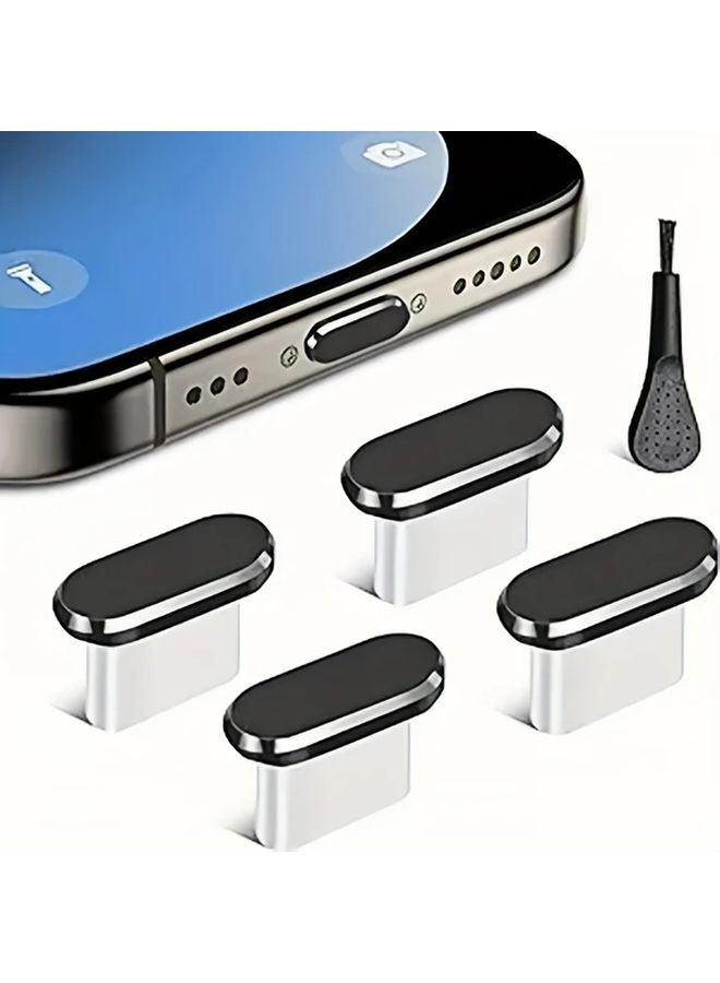 4pcs Silvery USB C Dust Plug with Cleaning Brush Metal Type C Charging Port Cover - Image 2