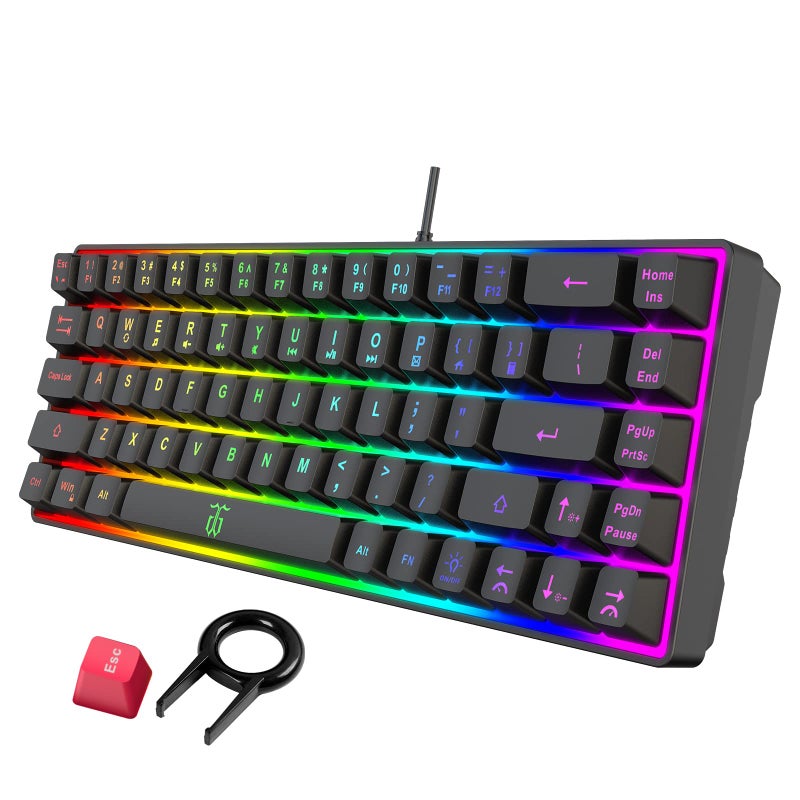 Snpurdiri 60% Gaming Keyboard, Rainbow Backlit Mini Membrane Keyboard for Windows PC Gamers(68 Keys, Black Rainbow) - Image 1