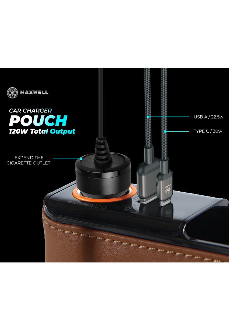 Maxwell Electronics Maxwell Car Charger  Organizer with USB-A Quick Charge Compatible with iPhone 16 Pro Max, Samsung S25 Ultra, Laptop, Tablet, etc. Secure Fit for Automobile, Durable Leather, Easy Organization (Brown) - Image 2