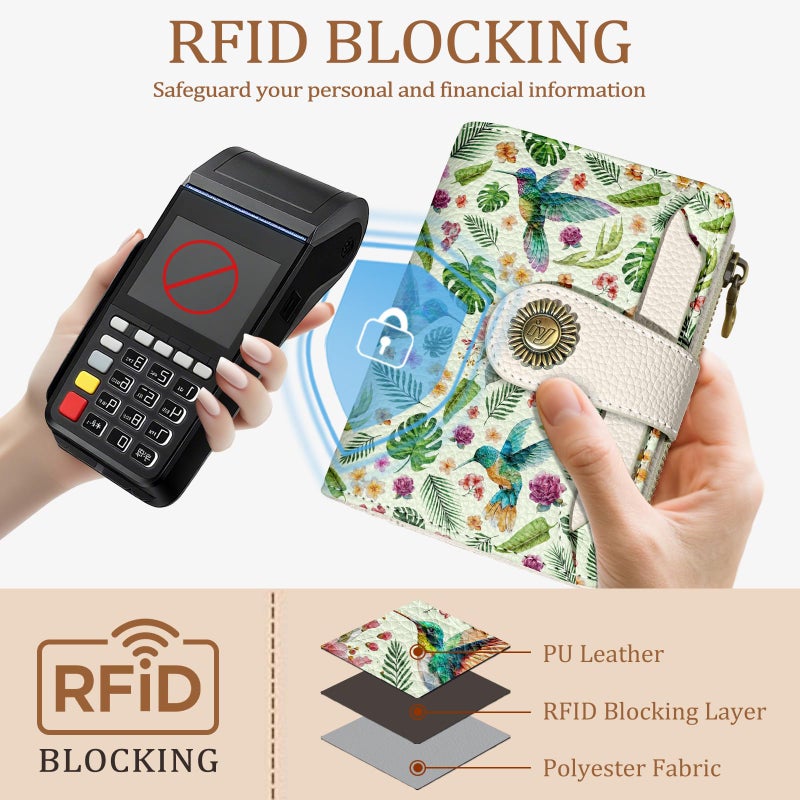 Icycay Hummingbird Small Wallet Women RFID Blocking Bifold, Cute Credit Card Holder, Zipper Coin Pocket, PU Leather, Compact, Travel, 4 ID Window, 14 Card Slots, Cash Purse, Ladies Woman Female Girls - Image 3