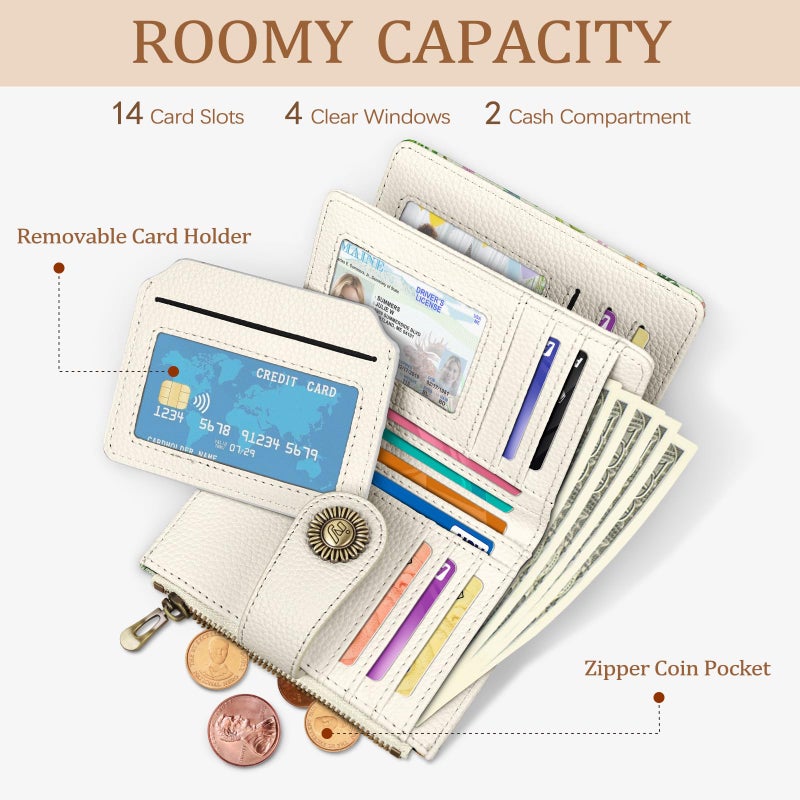 Icycay Hummingbird Small Wallet Women RFID Blocking Bifold, Cute Credit Card Holder, Zipper Coin Pocket, PU Leather, Compact, Travel, 4 ID Window, 14 Card Slots, Cash Purse, Ladies Woman Female Girls - Image 2