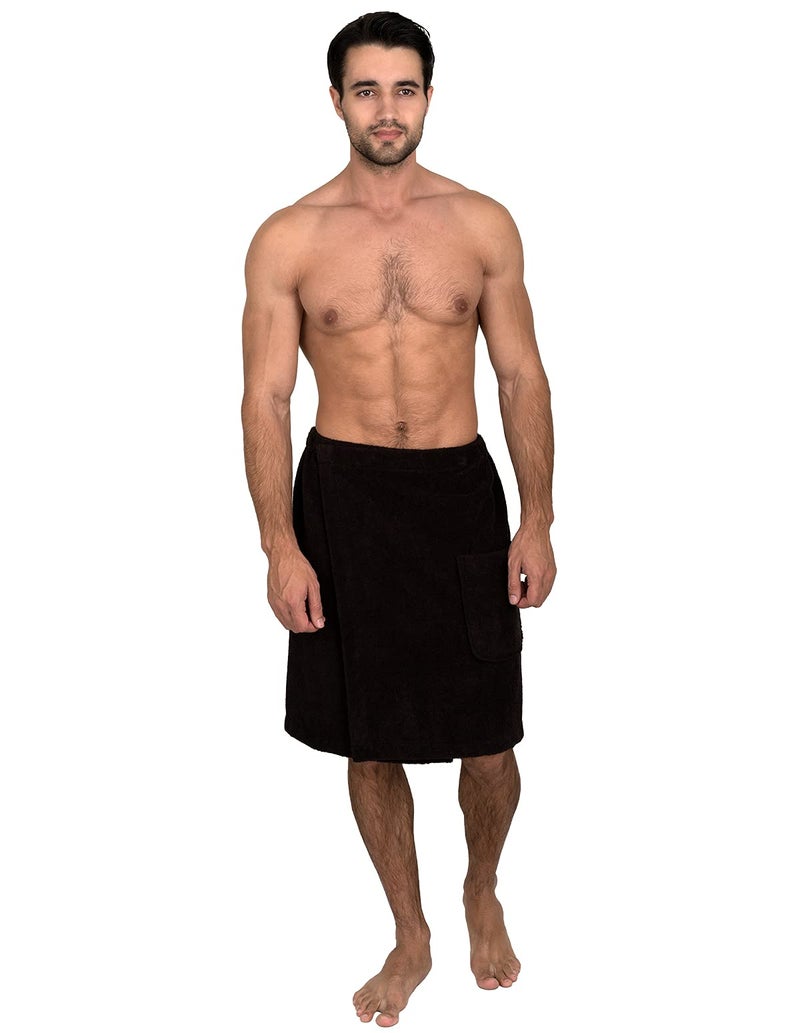 TowelSelections Mens Shower Wrap Adjustable Cotton Terry Bath Gym Cover Up with Snaps LargeXXLarge Jet Black