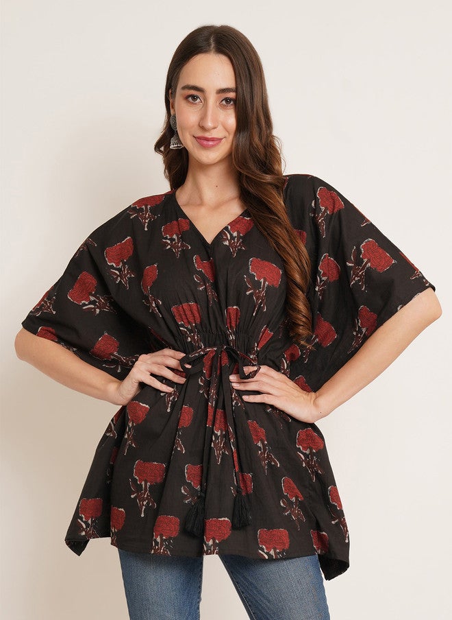 COTLAND FASHION Floral Printed V-Neck Kimono Sleeves Pure Cotton Kaftan Longline Top - Image 1