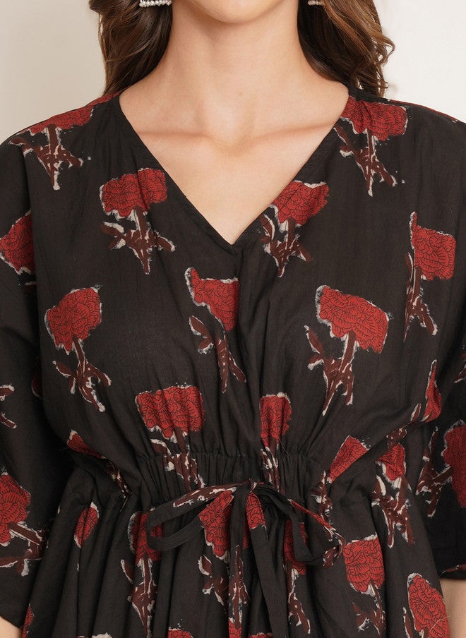 COTLAND FASHION Floral Printed V-Neck Kimono Sleeves Pure Cotton Kaftan Longline Top - Image 2