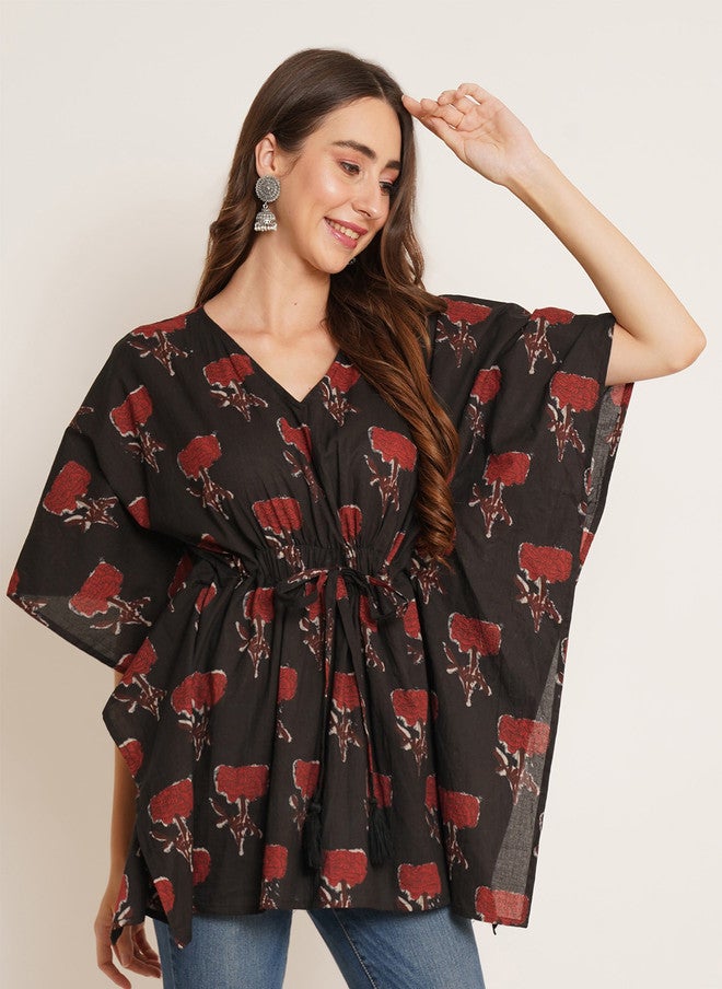 COTLAND FASHION Floral Printed V-Neck Kimono Sleeves Pure Cotton Kaftan Longline Top - Image 3