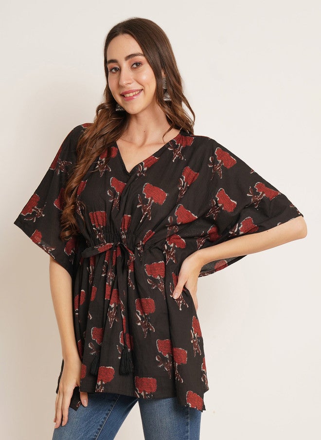 COTLAND FASHION Floral Printed V-Neck Kimono Sleeves Pure Cotton Kaftan Longline Top - Image 4