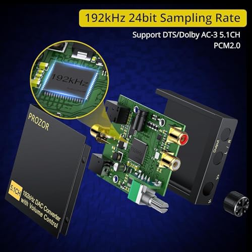 PROZOR DAC Converter 192Khz Digital to Analog Audio Decoder with Volume Control Support 5.1CH DTS Dolly-AC3 Coaxial SPDIF Toslink Optical to RCA Adapter for HDTV Blu-ray DVD PS3 Home Cinema System - Image 3