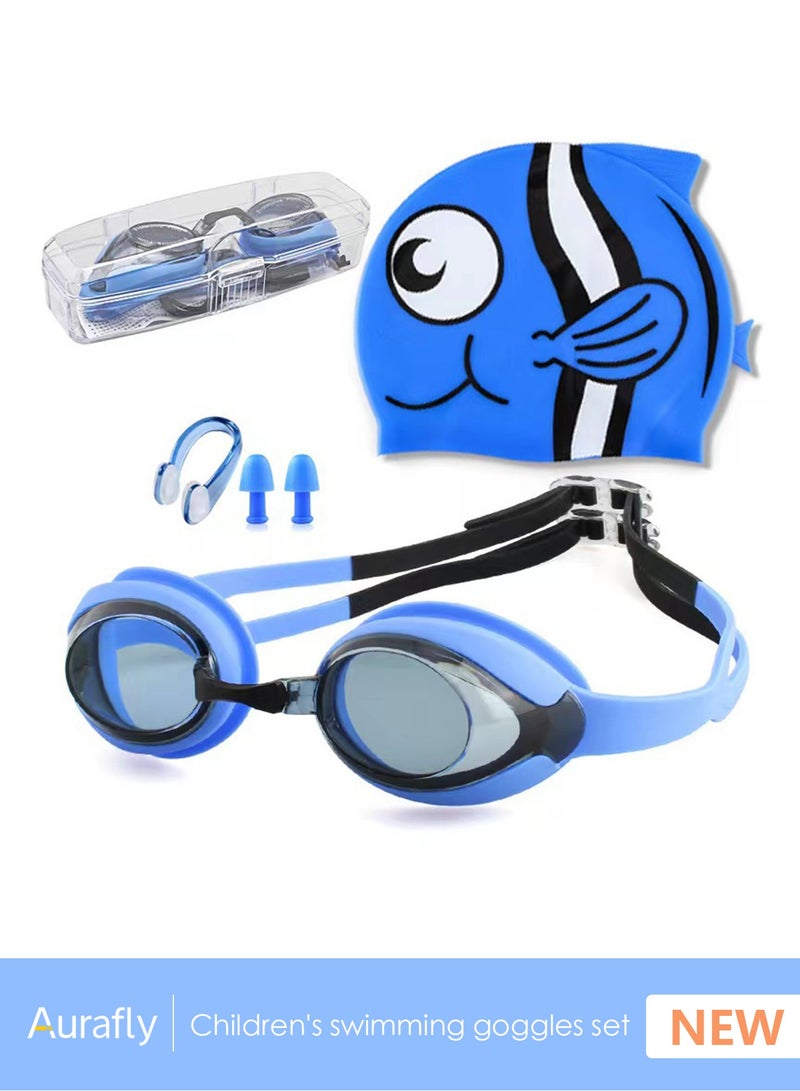 Aurafly Children's Swimming Goggles Set, With Cartoon Swimming Cap, Nose Clip And Ear Plugs, Waterproof And Anti-fog, Professional Swimming Goggles, Clear Underwater Vision, Suitable For Children Aged 3-15 - Image 1