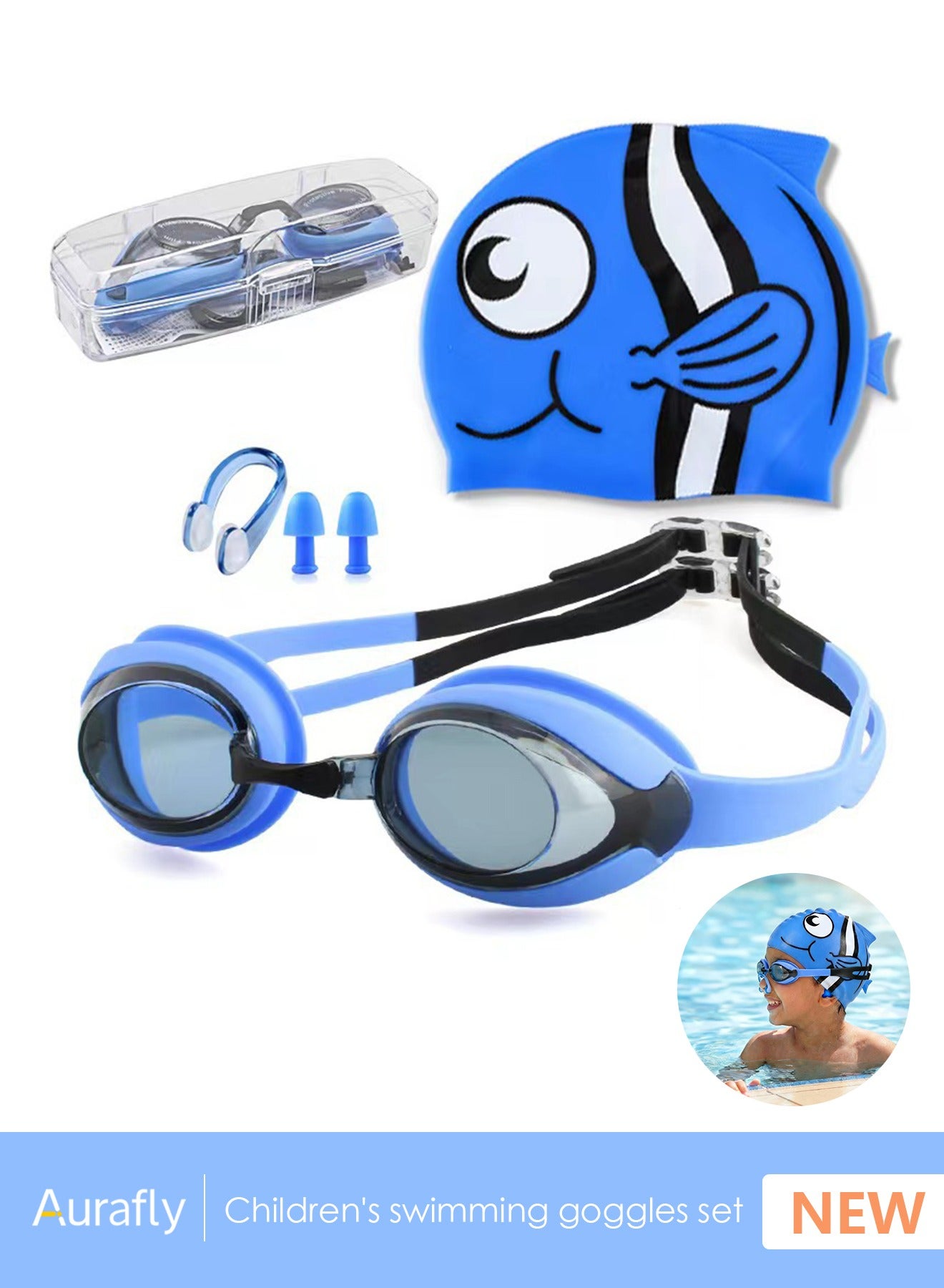 Children's Swimming Goggles Set, With Cartoon Swimming Cap, Nose Clip And Ear Plugs, Waterproof And Anti-fog, Professional Swimming Goggles, Clear Underwater Vision, Suitable For Children Aged 3-15