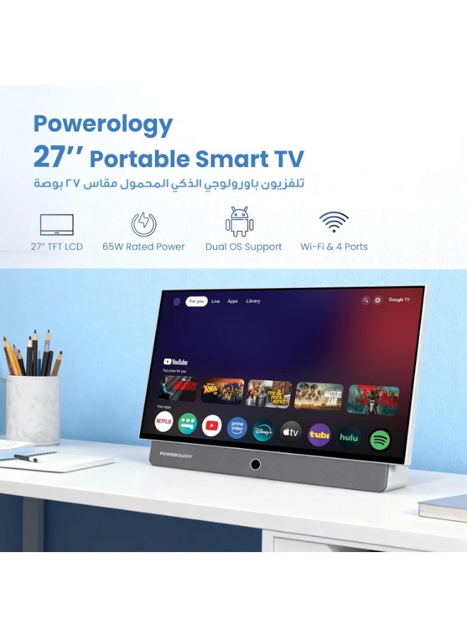 Powerology Portable FHD TV 1080P,Portable Smart Tv, Rechargeable 27 Inch, 7h Watch Time, Android TV with Speakers, Google Assistant, Google tv, Shahid, Netflix, for Camping, Kitchen, Bedroom - Image 3