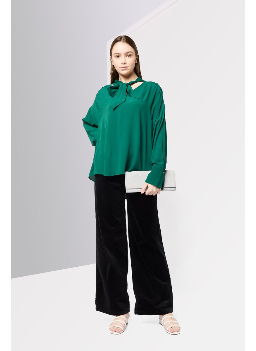 Harmont & Blaine Women V-Neck Long Sleeves Plain Top, Forest Green  - Image 2