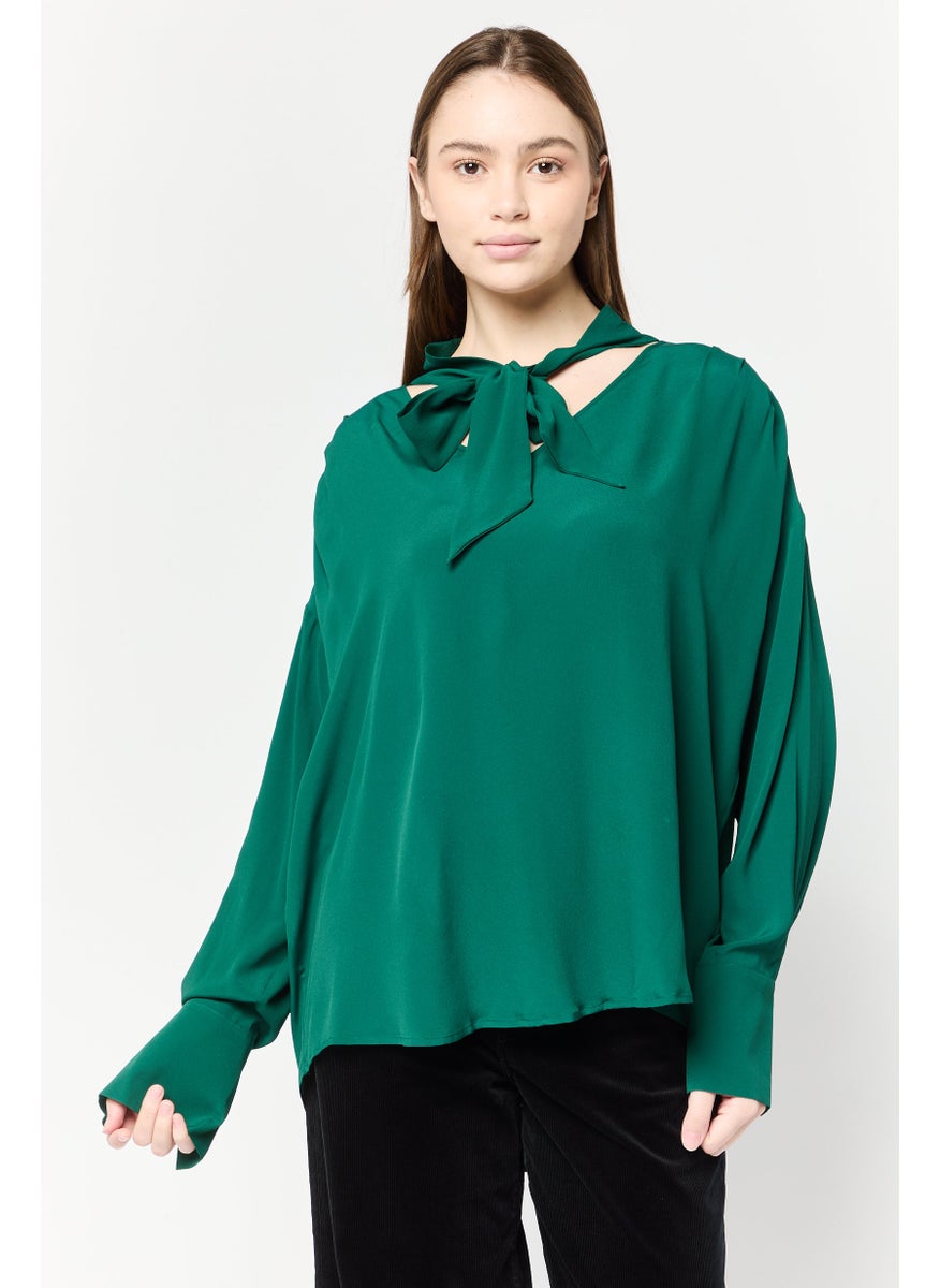 Harmont & Blaine Women V-Neck Long Sleeves Plain Top, Forest Green  - Image 1