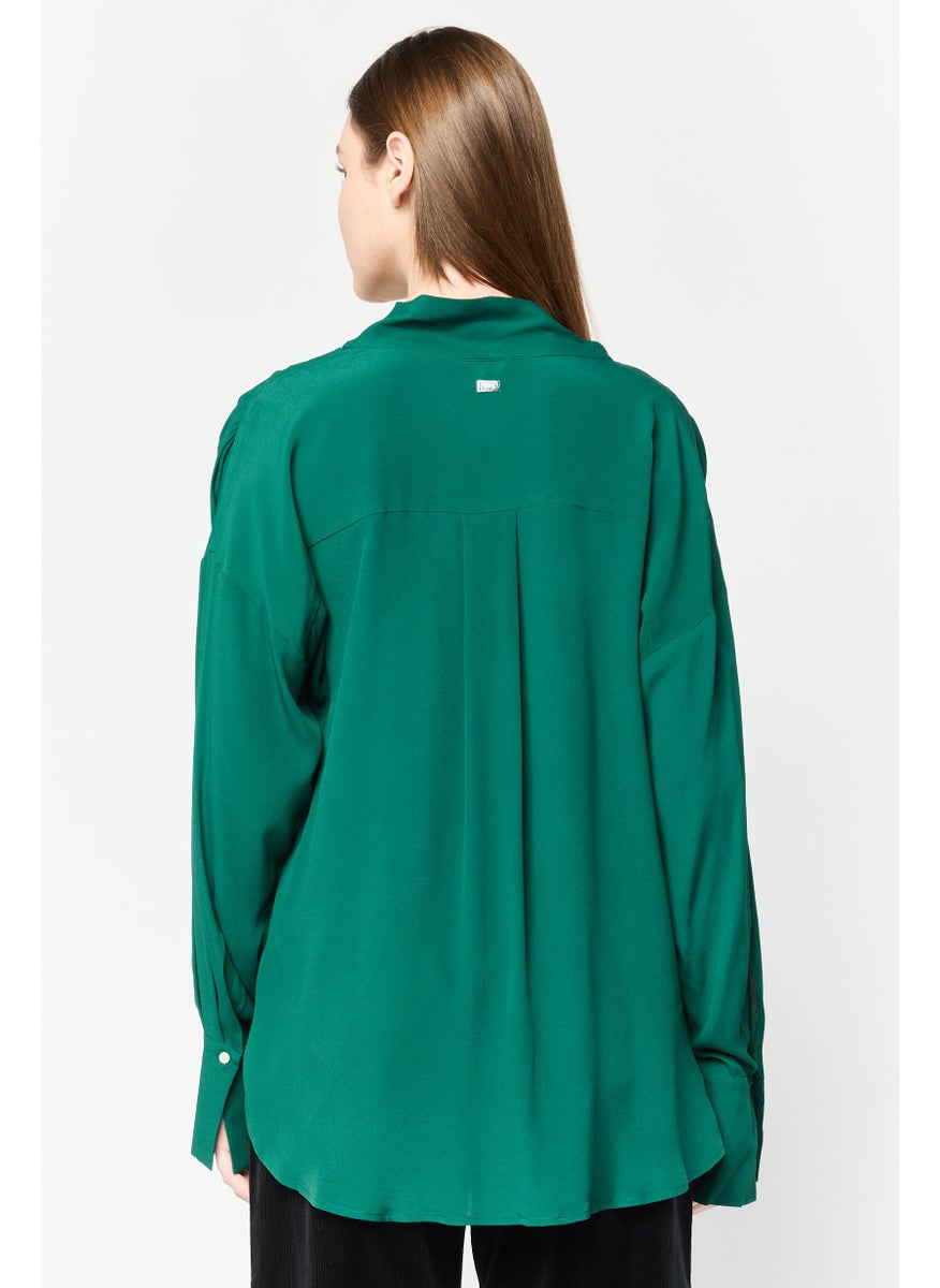 Harmont & Blaine Women V-Neck Long Sleeves Plain Top, Forest Green  - Image 3