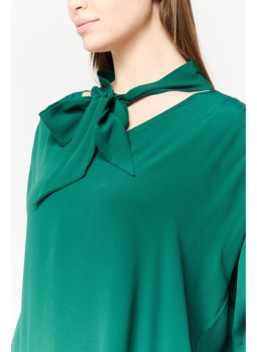 Harmont & Blaine Women V-Neck Long Sleeves Plain Top, Forest Green  - Image 4