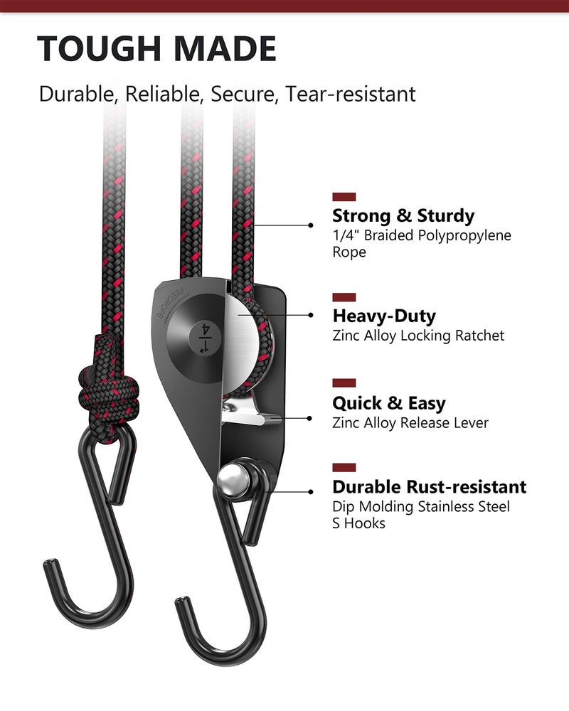 VIPARSPECTRA Ratchet Tie Down Straps, 1/4" Adjustable Rope Hangers [4 Pack, 12FT, 150 lbs/Pack], Heavy Duty Kayak Pulley System with Hooks for Garage Cargo Trucks Tents Grow Lights Various Lashing - Image 4