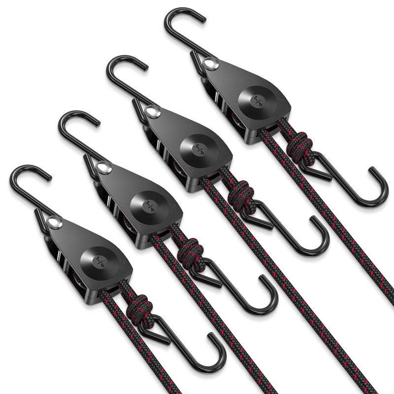 VIPARSPECTRA Ratchet Tie Down Straps, 1/4" Adjustable Rope Hangers [4 Pack, 12FT, 150 lbs/Pack], Heavy Duty Kayak Pulley System with Hooks for Garage Cargo Trucks Tents Grow Lights Various Lashing - Image 1