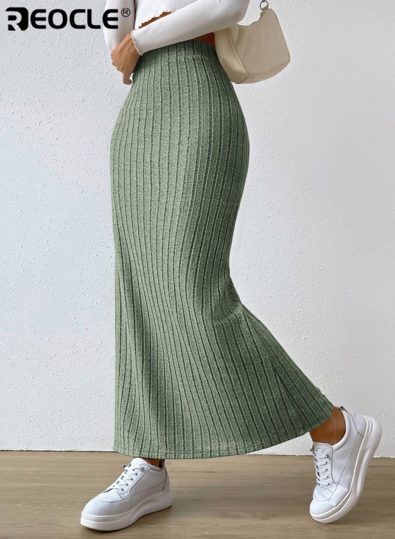 REOCLE Women's Ribbed Knit Maxi Skirt High Waist Slim Fit Long Skirt Stretchy Comfortable Casual Wear for Daily Wear & Office - Image 1