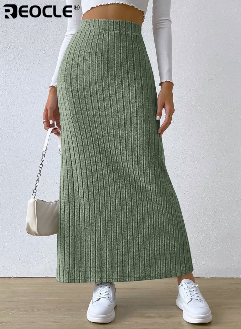 REOCLE Women's Ribbed Knit Maxi Skirt High Waist Slim Fit Long Skirt Stretchy Comfortable Casual Wear for Daily Wear & Office - Image 2