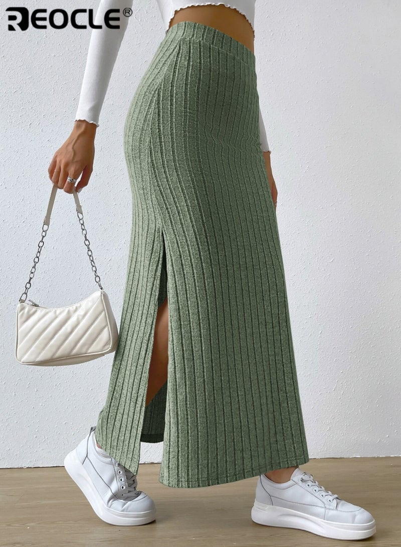 REOCLE Women's Ribbed Knit Maxi Skirt High Waist Slim Fit Long Skirt Stretchy Comfortable Casual Wear for Daily Wear & Office - Image 3