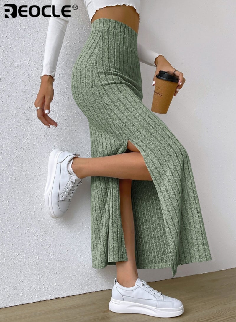 REOCLE Women's Ribbed Knit Maxi Skirt High Waist Slim Fit Long Skirt Stretchy Comfortable Casual Wear for Daily Wear & Office - Image 4