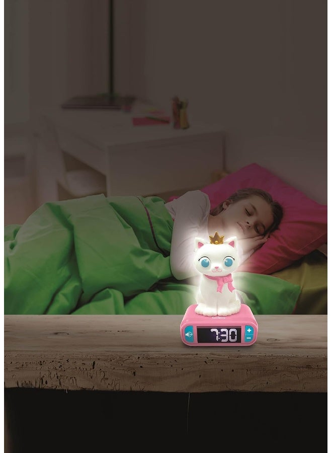 Lexibook Kitten Digital Nightlight Alarm Clock for Kids Bedroom, Cute Cat Themed Alarm Clock with LCD Backlit Display, Soft Luminous Night Light, Snooze Function, Built-in Alarm Sounds, White and Pink Children's Table Clock for Boys and Girls, Educational Time Learning Clock - Image 5