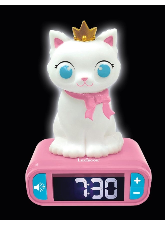 Lexibook Kitten Digital Nightlight Alarm Clock for Kids Bedroom, Cute Cat Themed Alarm Clock with LCD Backlit Display, Soft Luminous Night Light, Snooze Function, Built-in Alarm Sounds, White and Pink Children's Table Clock for Boys and Girls, Educational Time Learning Clock - Image 3