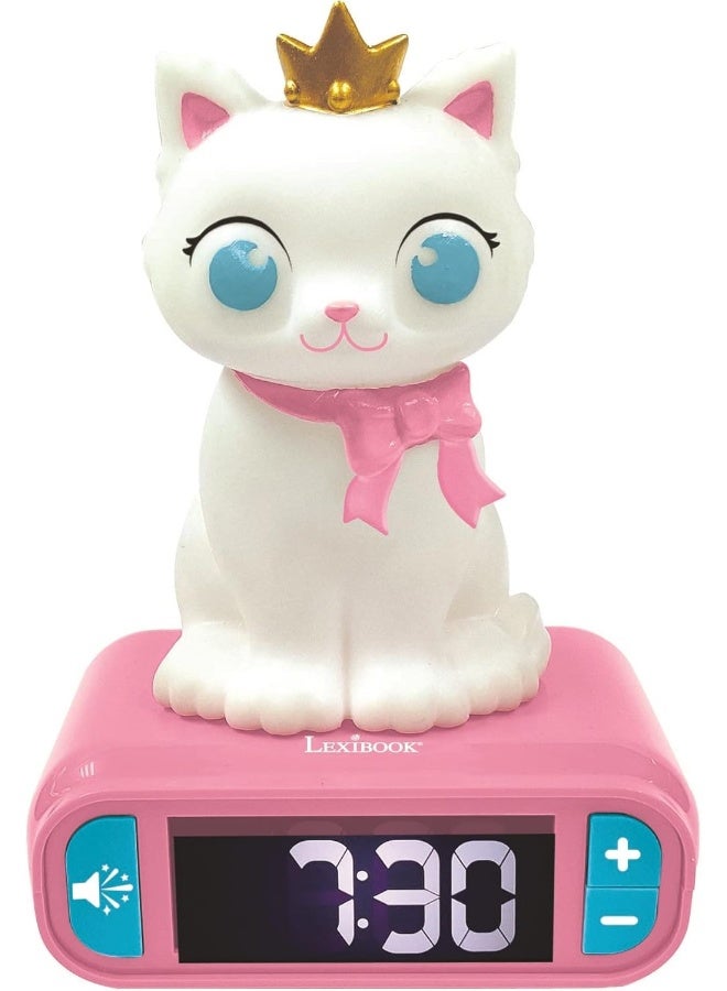 Lexibook Kitten Digital Nightlight Alarm Clock for Kids Bedroom, Cute Cat Themed Alarm Clock with LCD Backlit Display, Soft Luminous Night Light, Snooze Function, Built-in Alarm Sounds, White and Pink Children's Table Clock for Boys and Girls, Educational Time Learning Clock - Image 1