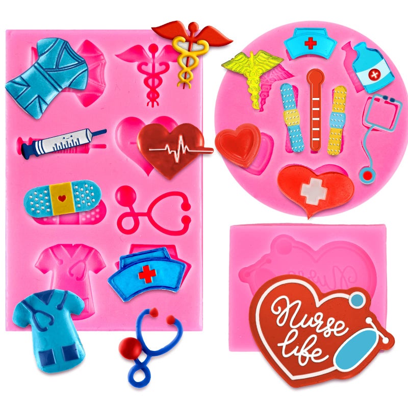 Whaline 3Pcs 2025 Nurse Graduation Fondant Molds Nurse Hat Stethoscope 3D Silicone Moulds Thermometer Medical Pattern Resin Mold Cupcake Topper Decorating Molds for Nurse Graduation DIY Candy Tools