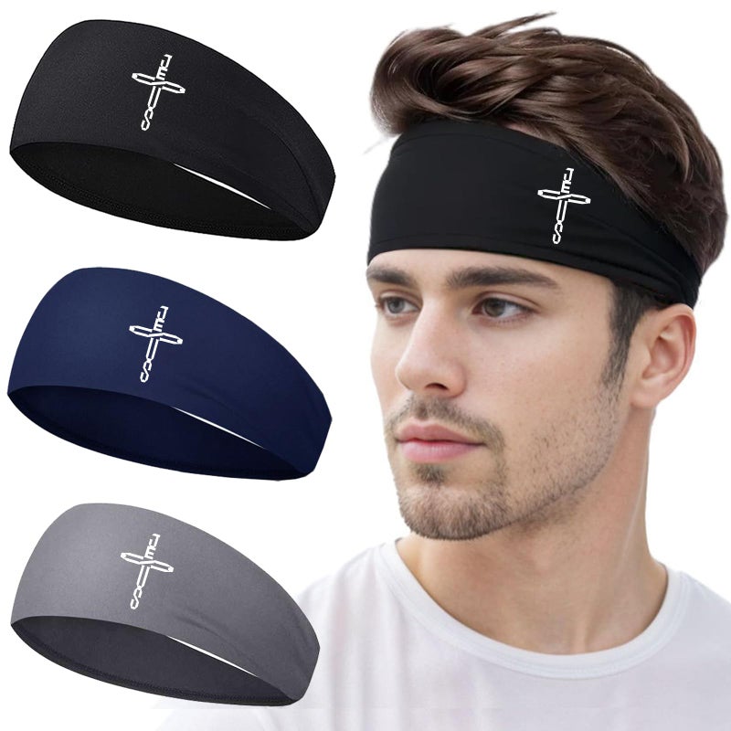 FACITE Headbands for Men Women 3pcs Sweat Bands Headbands Men Sweatbands Christian Cross Sports Headband Mens Head Band Running Workout Headband for Mens Cooling Women Hairband Tennis Football Gift - Image 1