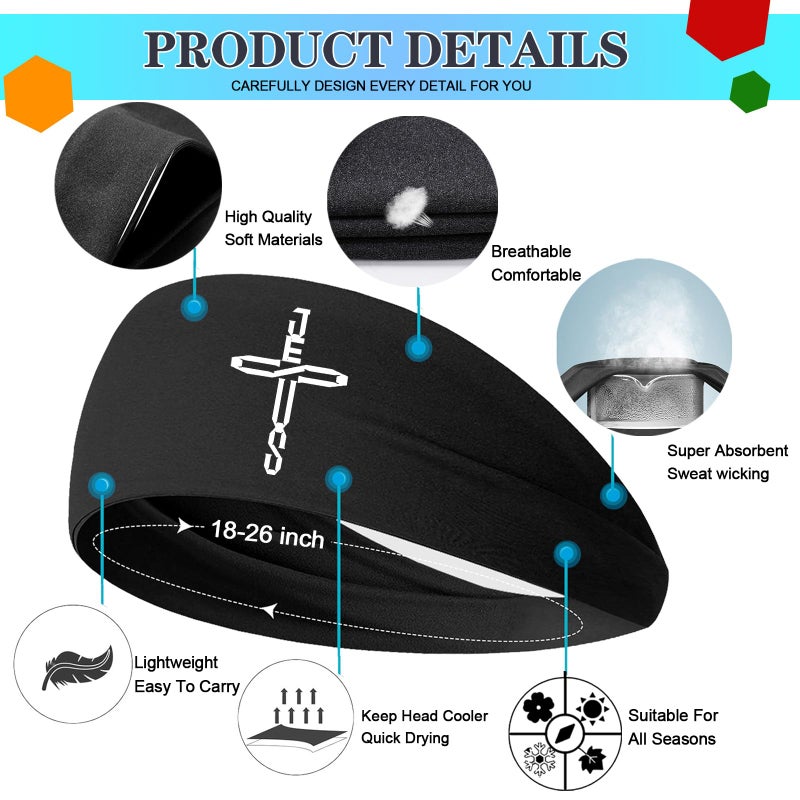 FACITE Headbands for Men Women 3pcs Sweat Bands Headbands Men Sweatbands Christian Cross Sports Headband Mens Head Band Running Workout Headband for Mens Cooling Women Hairband Tennis Football Gift - Image 3