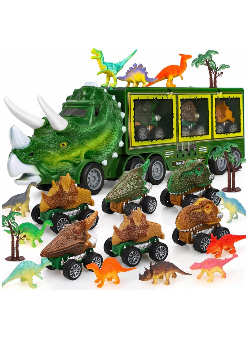 YelaJoy Dinosaur Toys for Kids 3-5 5-7, 21 Pack Dinosaur Truck with 6 Pull Back Dinosaur Cars and Dinosaur Figure, Toddler Toys for Boys and Girls, Dinosaur Transport Carrier Truck for Kids - Image 1