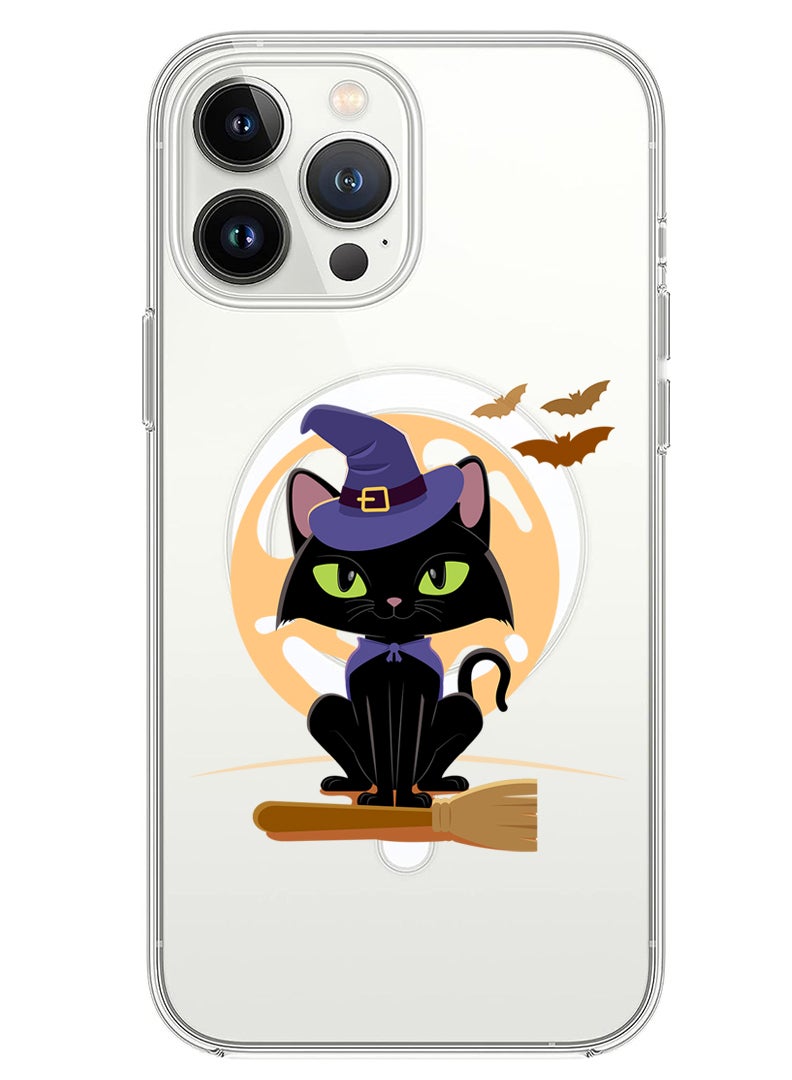 Theodor Magnetic Case for iPhone 14 Pro 6.1-inch Compatible with MagSafe Wireless Charging, Shockproof Phone Bumper Cover Cat Halloween with broom - Image 1